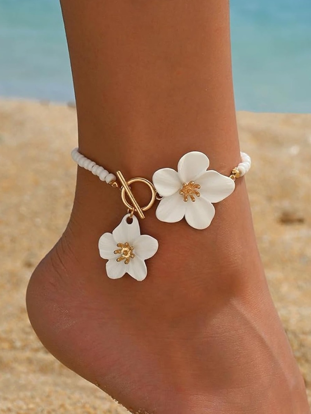 Anthropologie White Pearl Bracelet with Gold Floral Accents